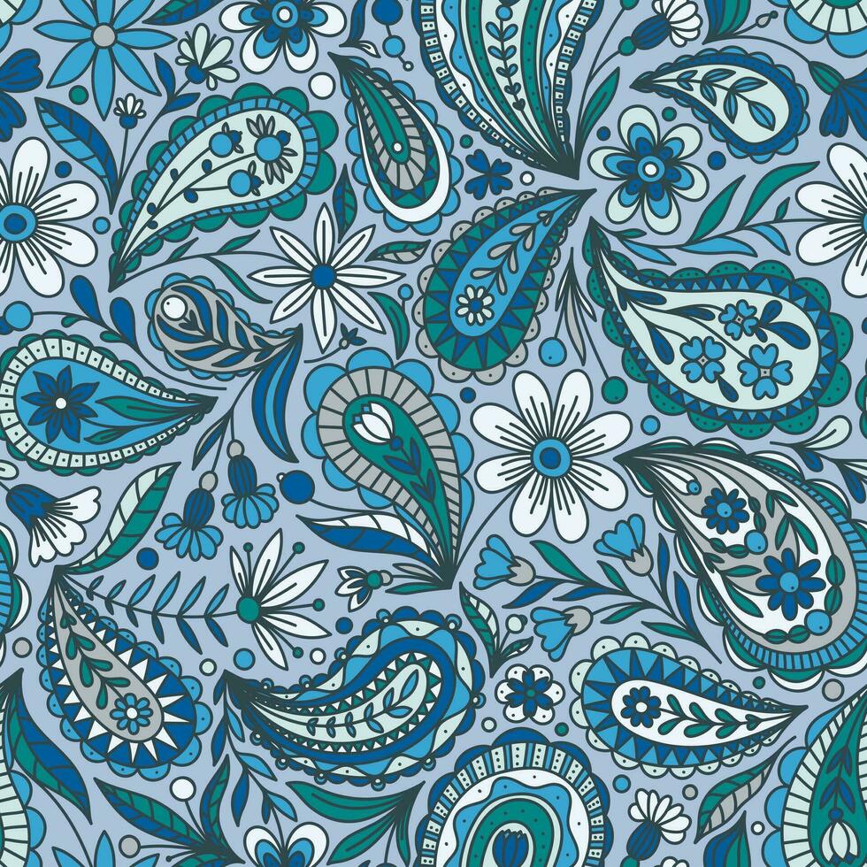 Licht Blau Vektor nahtlos Hintergrund mit mehrfarbig Blumen- Paisley Ornament