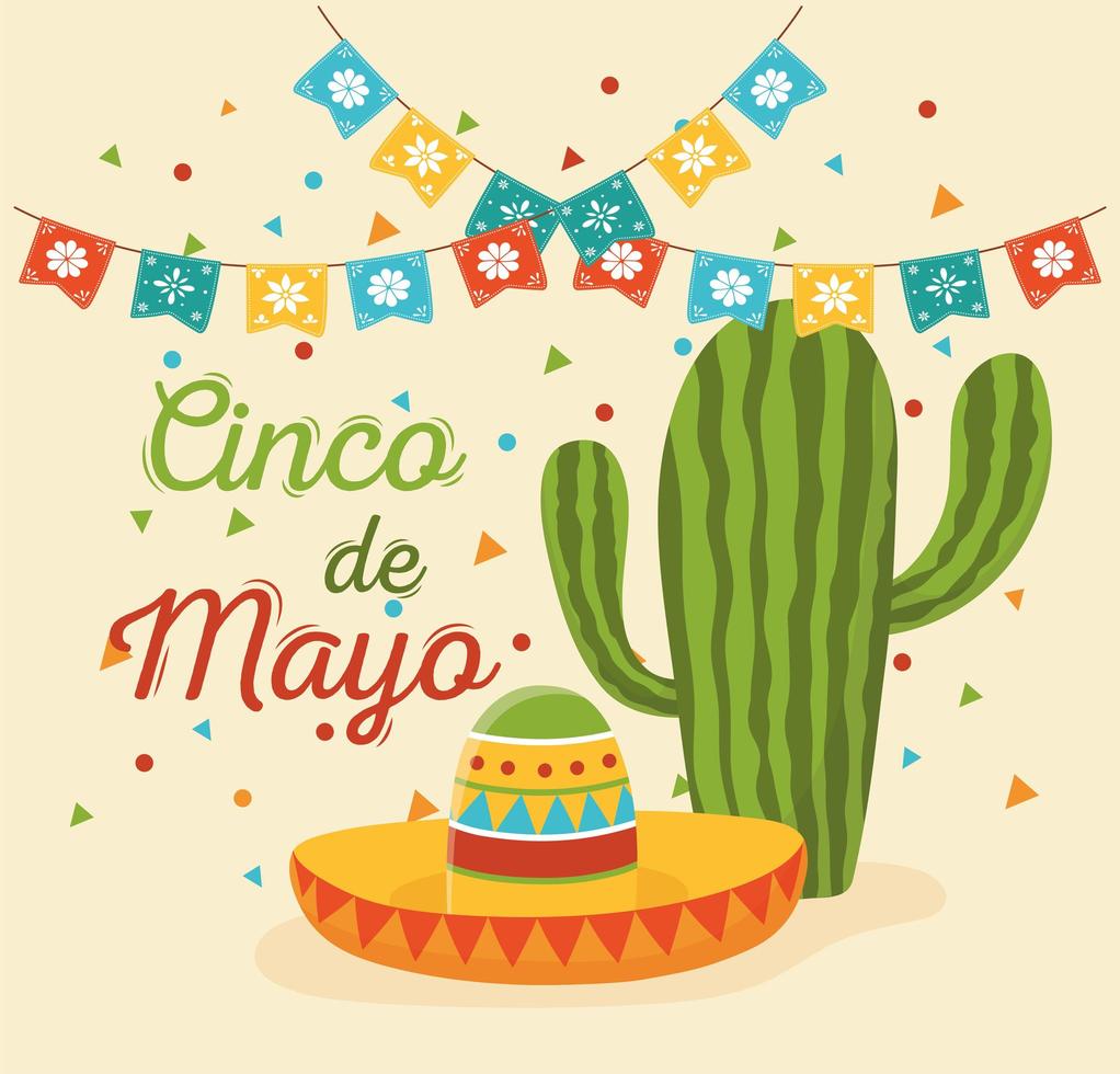 cinco de mayo kaktus och hatt vimplar dekoration mexikansk fest vektor