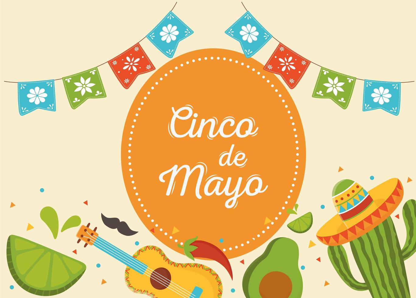 cinco de mayo gitarr kaktus hatt avokado citron mexikansk fest banner vektor