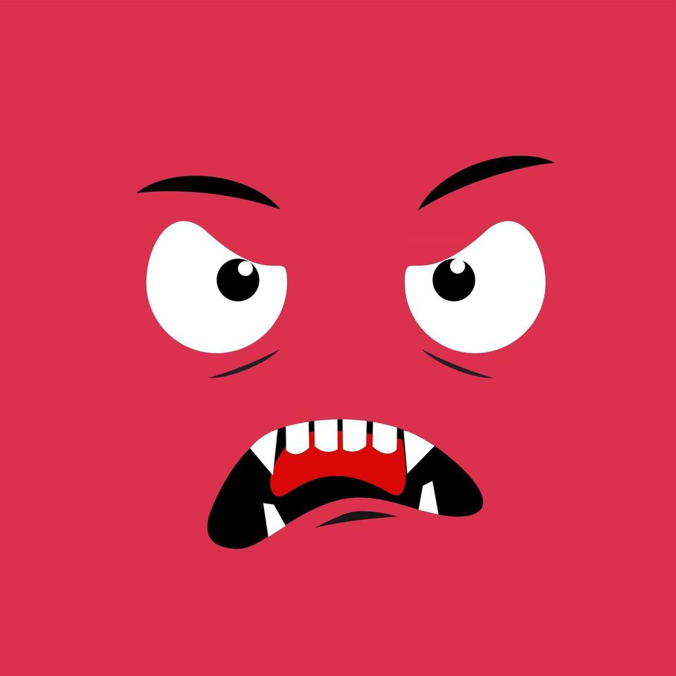 Cartoon-Gesichtsausdruck. Kawaii Manga-Doodle-Charakter mit Mund und Augen, Teufel wütendes Gesicht Emotion, Comic-Avatar isoliert auf rotem Hintergrund. Emotionen im Quadrat. flaches Design. vektor