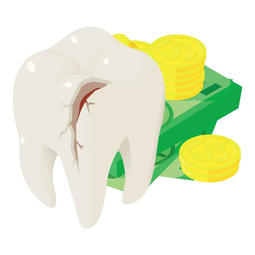 Zahn Beschädigung Symbol isometrisch Vektor. gebrochen Mensch Zahn in der Nähe von Dollar Rechnung und Münze vektor