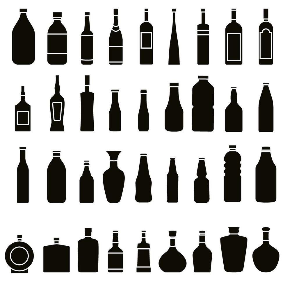 Flasche Symbol Vektor Satz. Flasche zum Wasser Illustration Zeichen Sammlung. Flasche von Alkohol Symbol oder Logo.