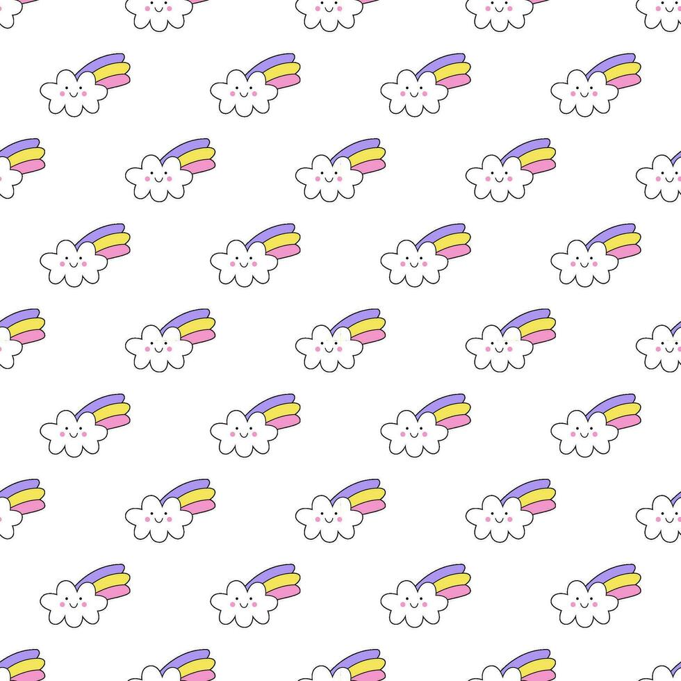 sömlös mönster med söt tecknad serie regnbåge moln. vektor
