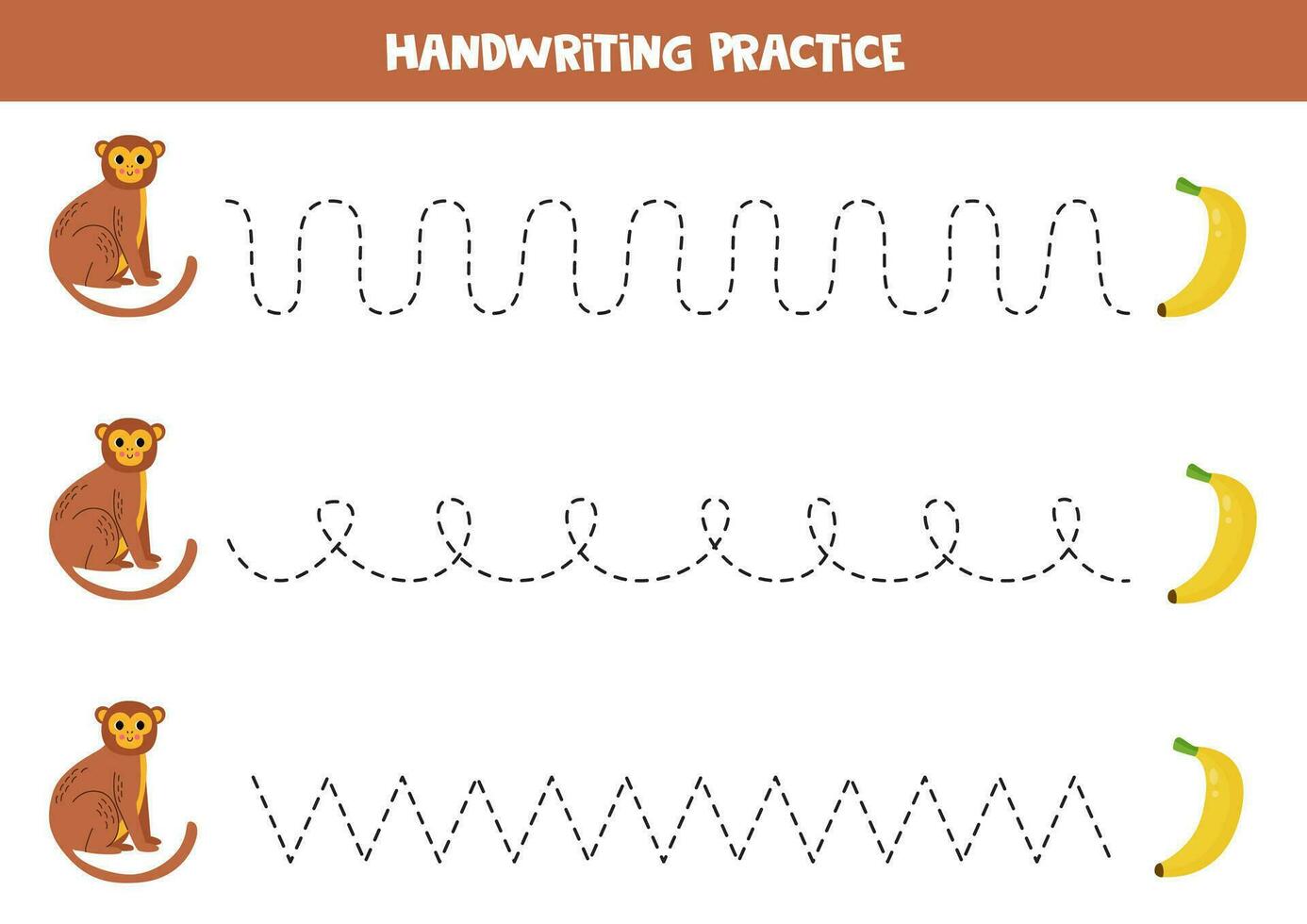 spårande rader för ungar. tecknad serie söt apa och banan. vektor