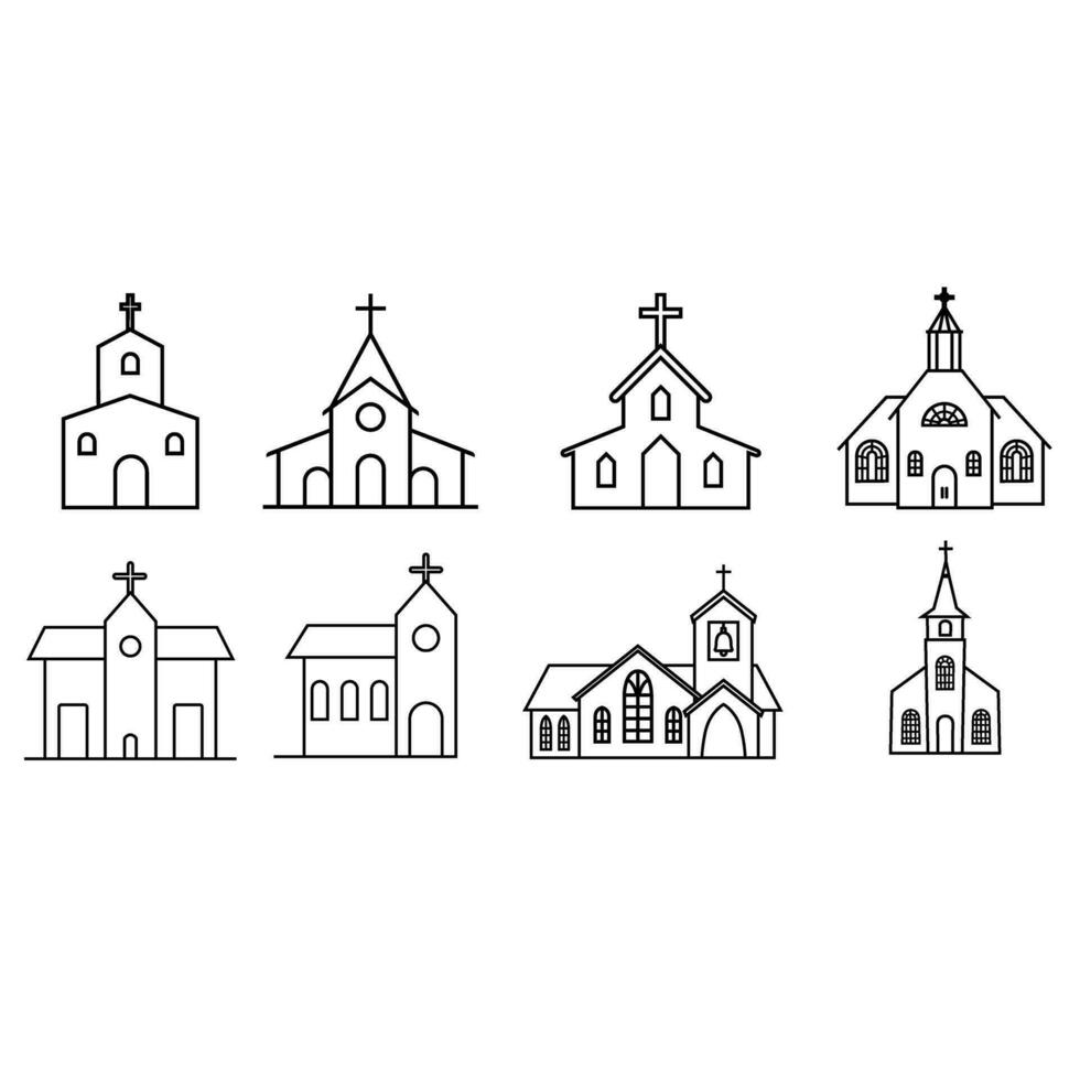 kyrka ikon vektor uppsättning. religion illustration tecken samling. tempel symbol. kristendomen logotyp.