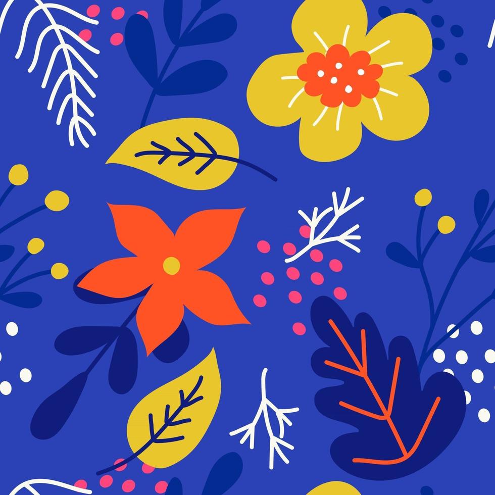 ljusa växter och blommor på en blå bakgrund. vektor sömlösa mönster i platt stil för tyg, omslagspapper, vykort, tapeter