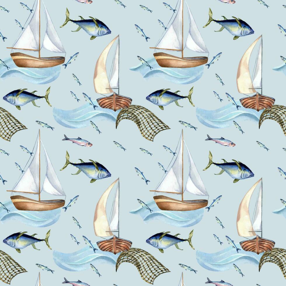 nahtlos Muster von Meer Fisch und segeln Boot Aquarell Illustration isoliert auf Blau. Angeln Boot, Meer Welle und Thunfisch, Hand gezeichnet. Design Element zum Textil, Verpackung, Verpackung, Hintergrund, Markt vektor