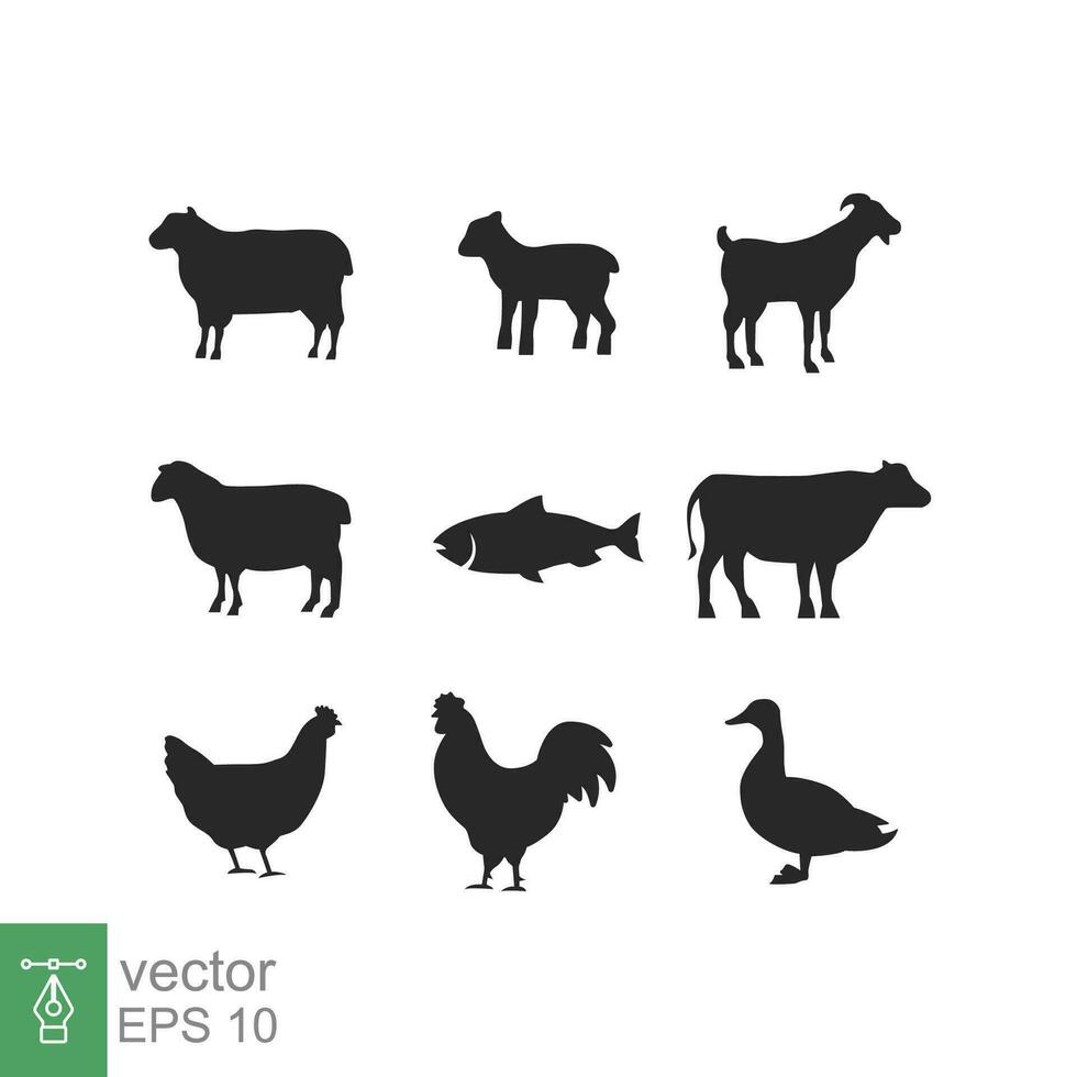 silhuetter av bruka djur. ko, get, får, lamm, höna, fisk, Anka. bruka djur ikoner isolerat på vit bakgrund. vektor boskap ikoner. eps 10