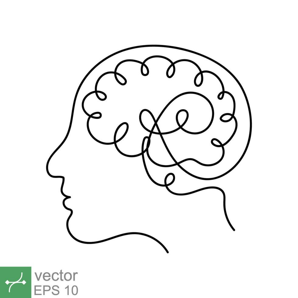 kontinuerlig linje konst och ett linje teckning av en mänsklig huvud med hjärna. linjär översikt stroke, mekanisk och robot teknologi med Avancerad. vektor illustration isolerat på vit bakgrund. eps 10.