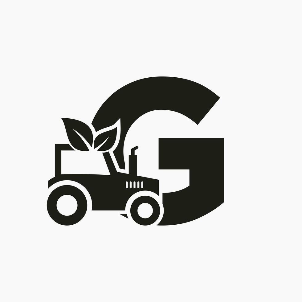 Brief G Landwirtschaft Logo Konzept mit Traktor Symbol Vektor Vorlage. Öko Bauernhof Symbol