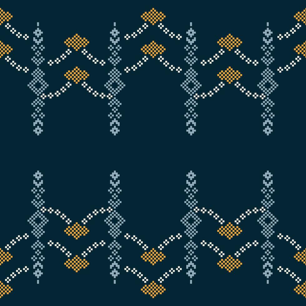 ethnisch geometrisch Stoff Muster Kreuz Stich.ikat Stickerei ethnisch orientalisch Pixel Muster Marine Blau Hintergrund. abstrakt, vektor, illustration. Textur, Kleidung, Rahmen, Dekoration, Motive, Seide Hintergrund. vektor