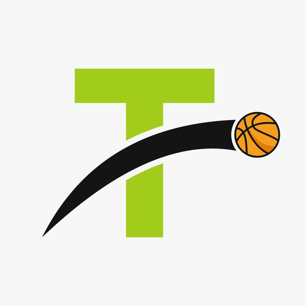 basketboll logotyp på brev t med rör på sig basketboll ikon. korg boll logotyp symbol vektor