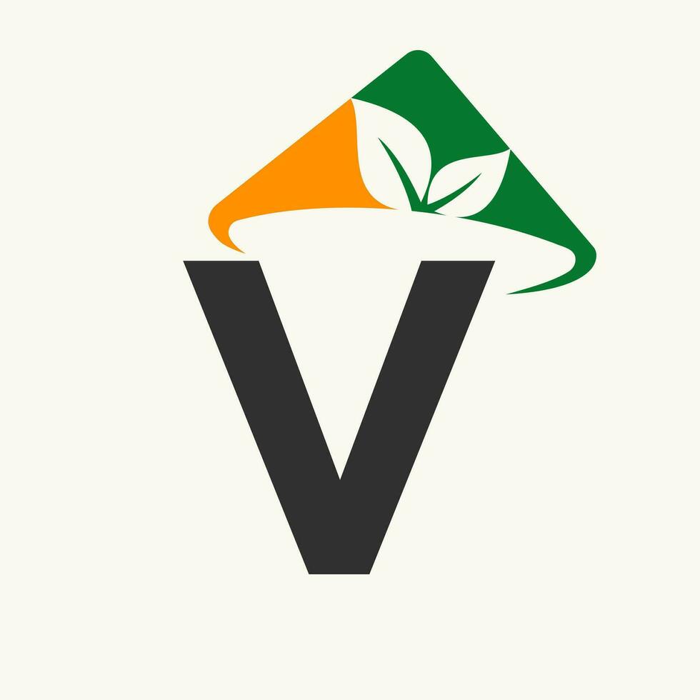 lantbruk logotyp på brev v begrepp med jordbrukare hatt ikon. jordbruk logotyp mall vektor