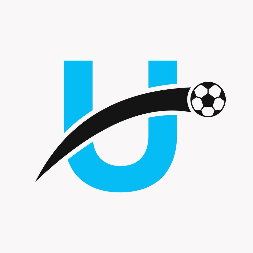 fotboll logotyp på brev u med rör på sig fotboll ikon. fotboll logotyp mall vektor