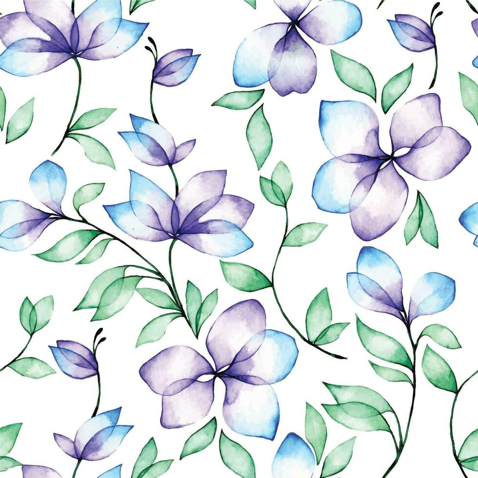 vattenfärg teckning. sömlös mönster av abstrakt transparent blommor och löv. blå och lila blommor, ClipArt vektor