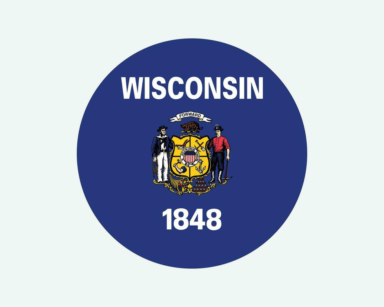 Wisconsin USA runda stat flagga. wi, oss cirkel flagga. stat av Wisconsin, förenad stater av Amerika cirkulär form knapp baner. eps vektor illustration.