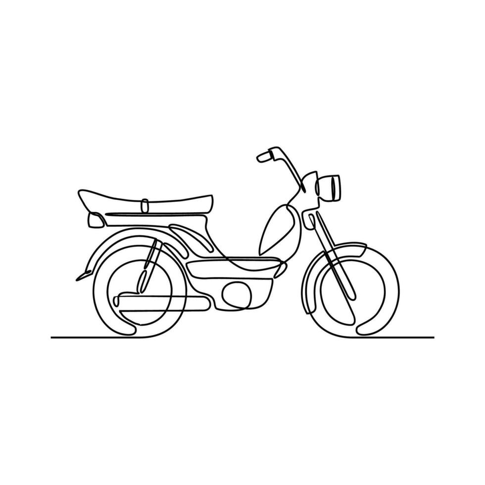 einer kontinuierlich Linie Zeichnung von Motorrad wie Land Fahrzeug mit Weiß Hintergrund. Land Transport Design im einfach linear Stil. nicht Färbung Fahrzeug Design Konzept Vektor Illustration