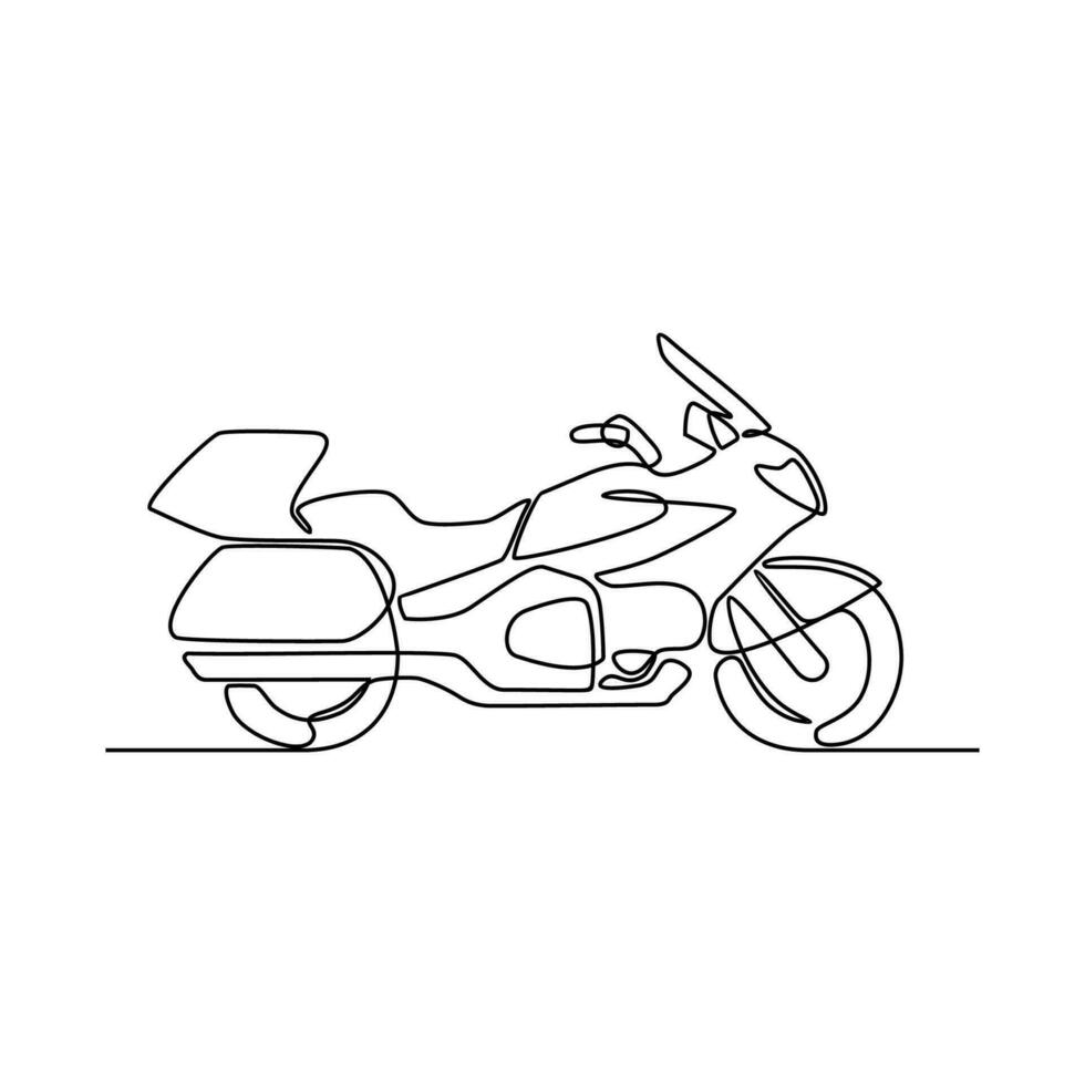 einer kontinuierlich Linie Zeichnung von Motorrad wie Land Fahrzeug mit Weiß Hintergrund. Land Transport Design im einfach linear Stil. nicht Färbung Fahrzeug Design Konzept Vektor Illustration