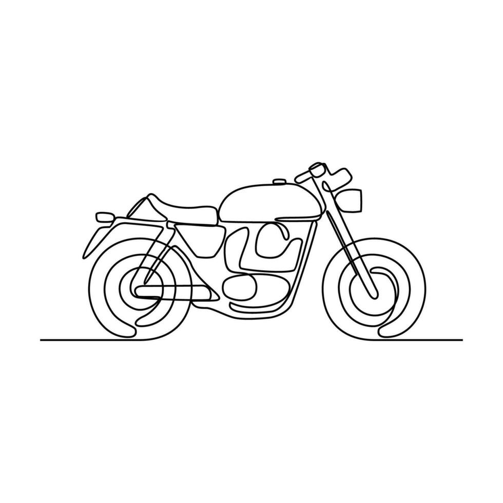 einer kontinuierlich Linie Zeichnung von Motorrad wie Land Fahrzeug mit Weiß Hintergrund. Land Transport Design im einfach linear Stil. nicht Färbung Fahrzeug Design Konzept Vektor Illustration