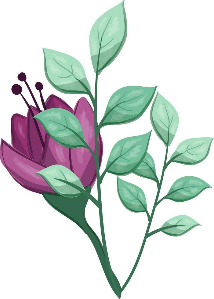 illustration av en lila blomma med grön löv på en vit bakgrund vektor