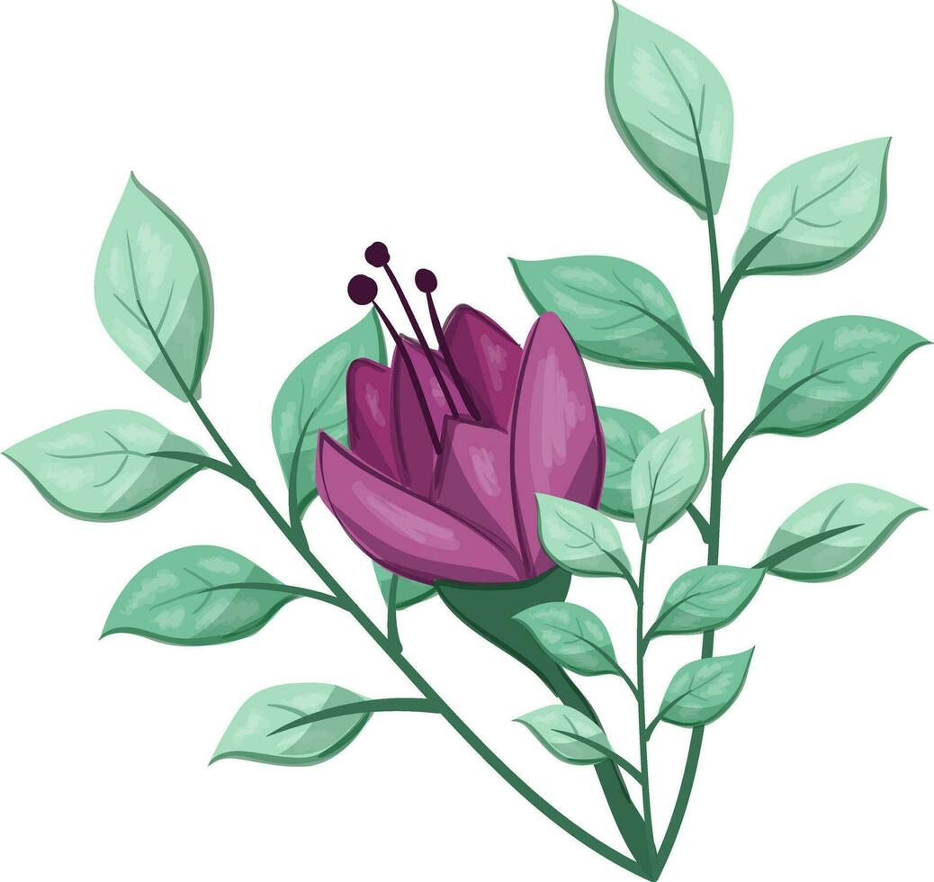 Illustration von ein lila Blume mit Grün Blätter auf ein Weiß Hintergrund vektor