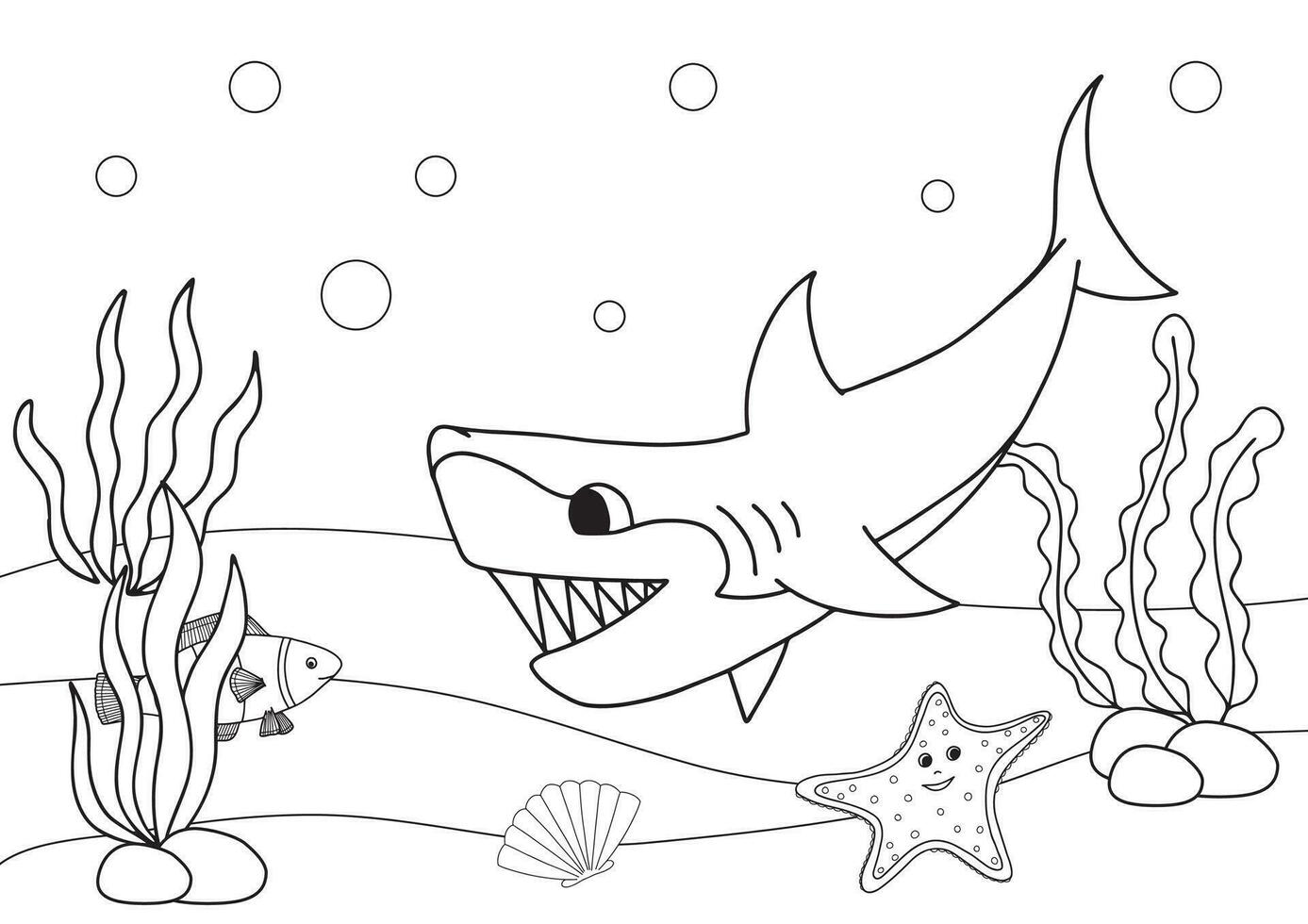 arg hungrig tecknad serie haj. färg bok eller sida för ungar. marin liv vektor