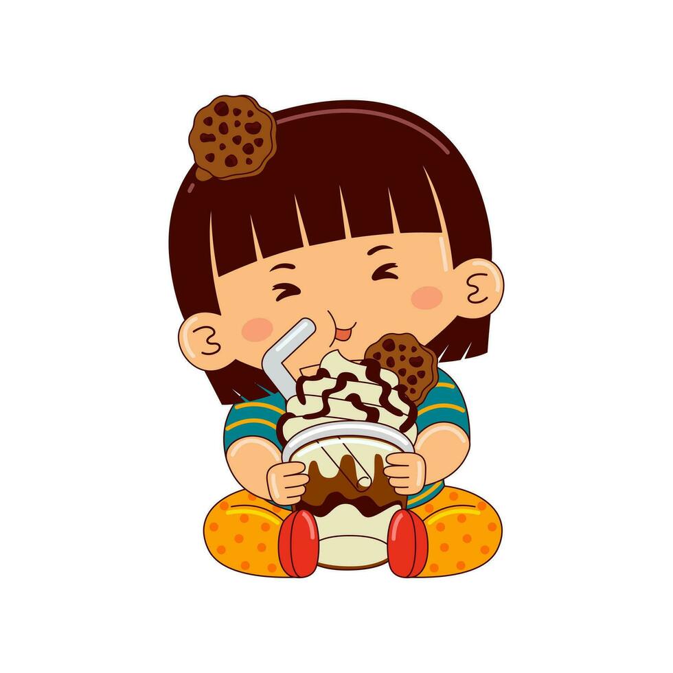 kawaii Kinder Trinken Eis Sahne Vektor Illustration