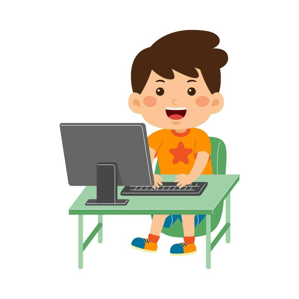 söt liten unge flicka använda sig av dator vektor illustration