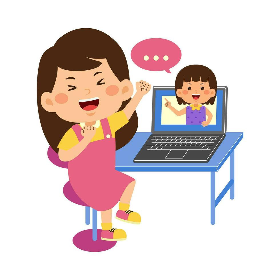 süß wenig Kind verwenden Laptop Vektor Illustration
