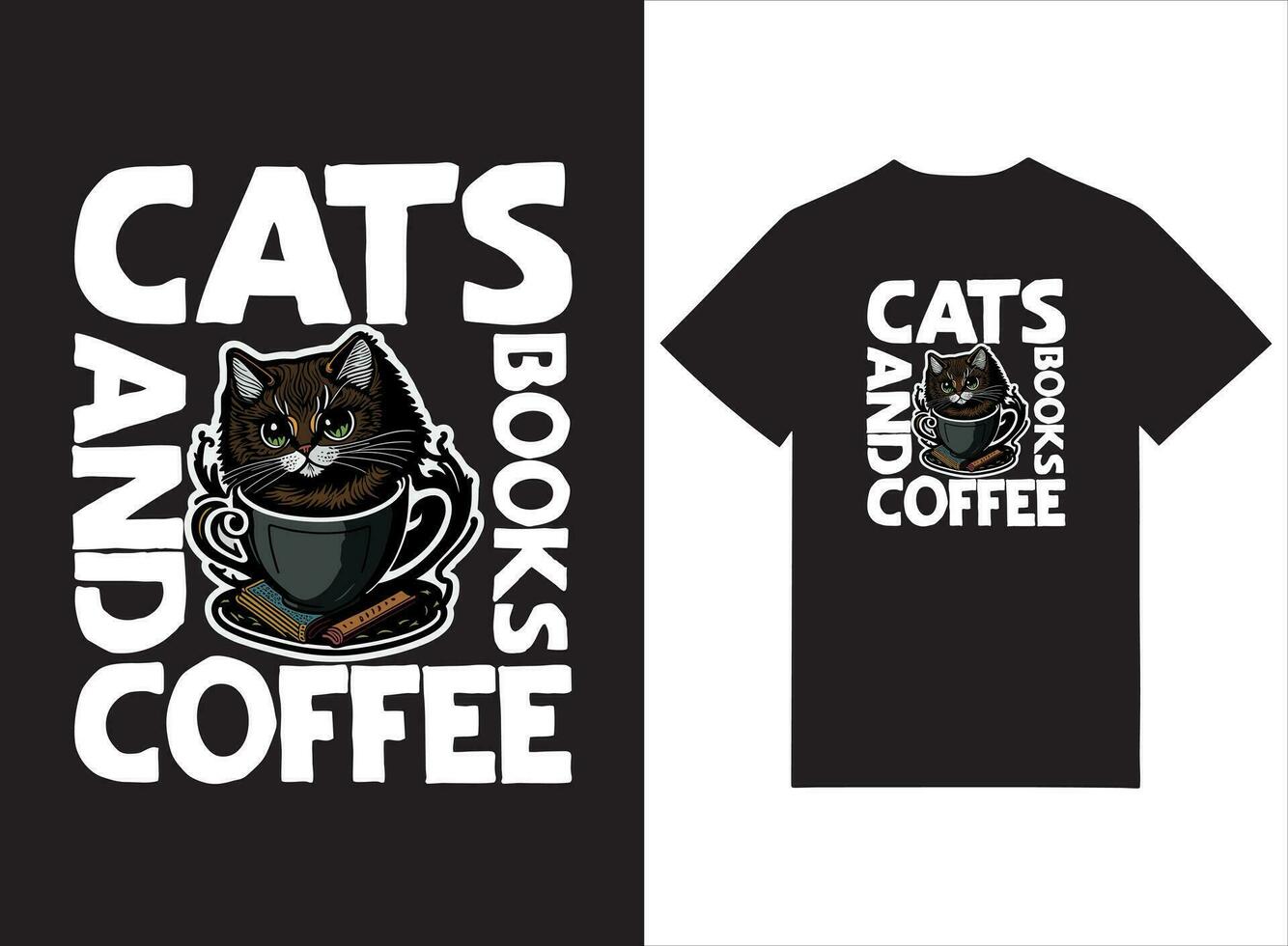 katter böcker och kaffe t-shirt design vektor