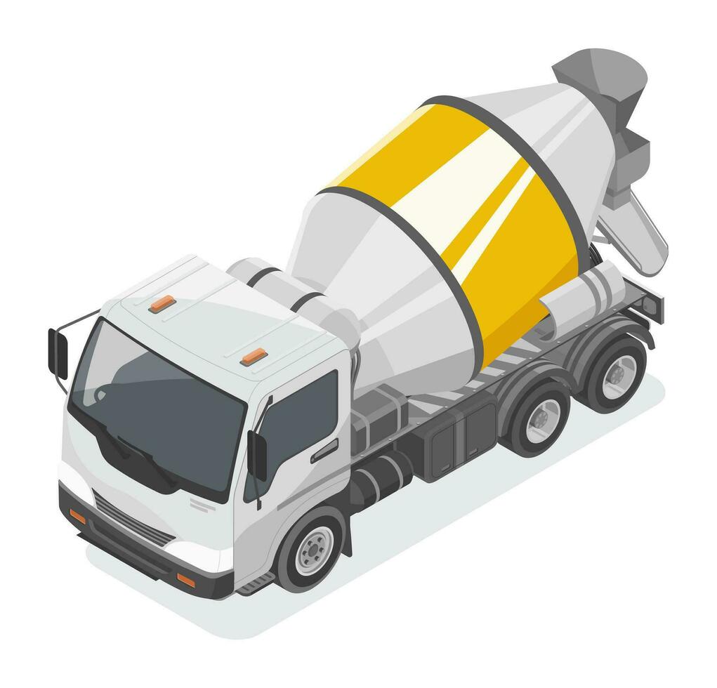 betong lastbil isometrisk gul vit cement leverans lastbil till konstruktion arbete webbplats isolerat tecknad serie illustration vektor