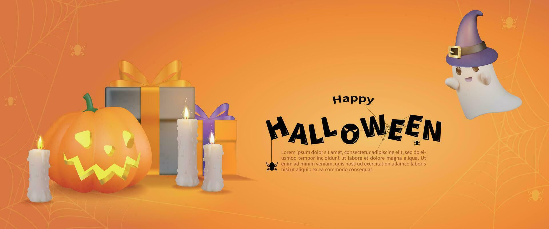 halloween orange baner med spindelnät, spöken, ljus och Mer i de bakgrund vektor