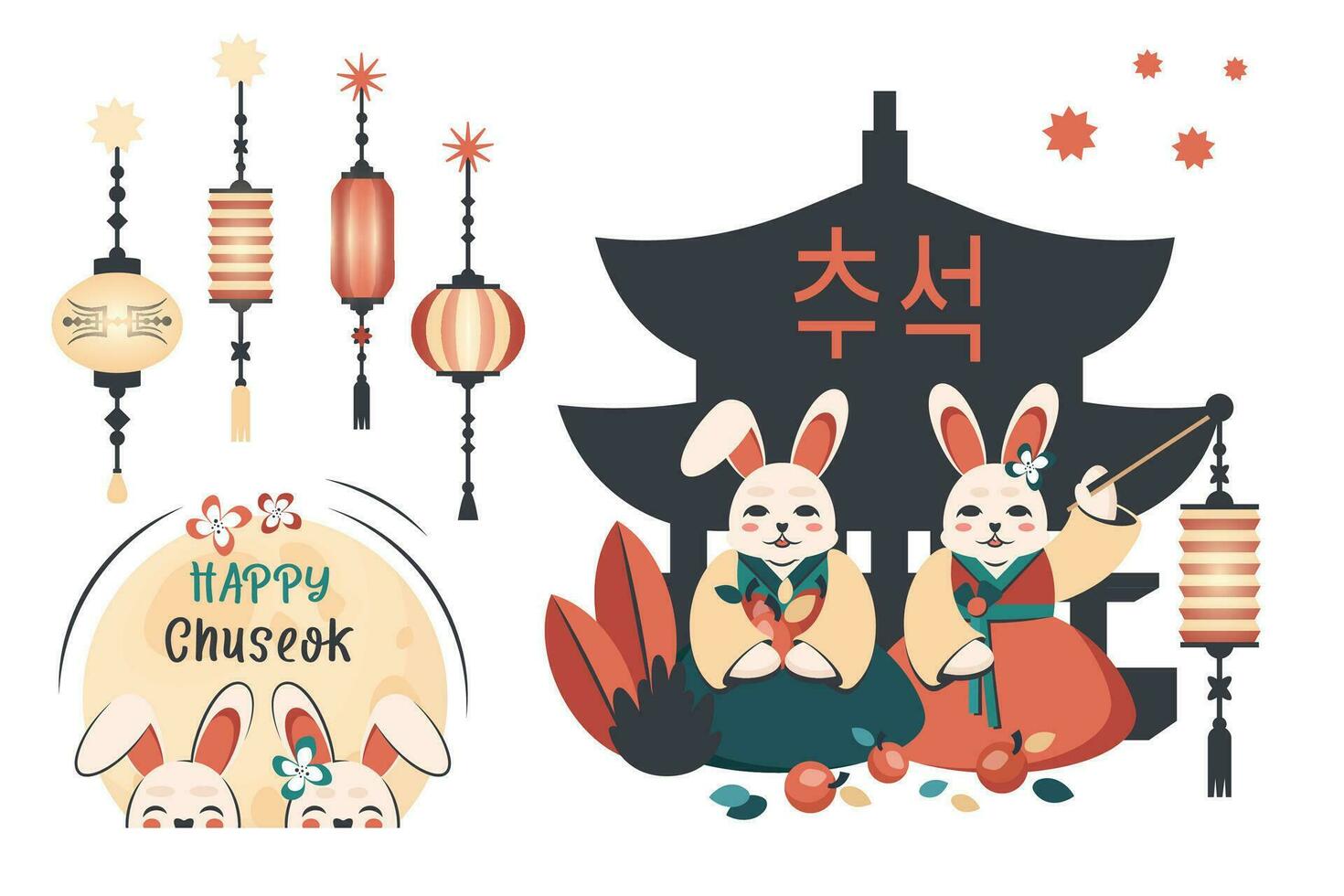 das Erntedankfest im Korea. Chinesisch Mitte Herbst Festival. Koreanisch bunt Gruß Karte zum Feierlichkeiten im Asien. süß Hase, Mond, Baum, Sterne, Text Vorlage. Vektor Karikatur Illustration