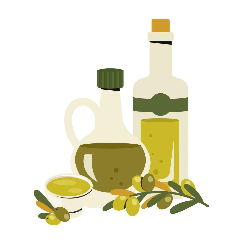 einstellen von Glas Olive Öl Flaschen. Krug und verkorkt Flasche von extra Jungfrau Olive Öl, Schüssel, Ast von Olive Bäume, Blätter. Geschirr, Kochen Konzept. gesund organisch Lebensmittel. Vektor eben Illustration