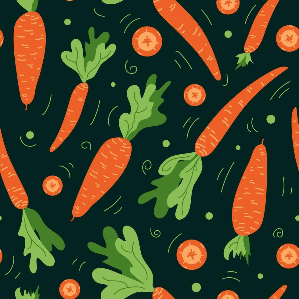 Karotte nahtlos Muster. süß kindisch Zeichnung. Orange Gemüse. gesund Lebensstil, richtig Ernährung, Ernte, Veganismus. Hintergrund, Drucken auf Stoff, Verpackung, Hintergrund vektor