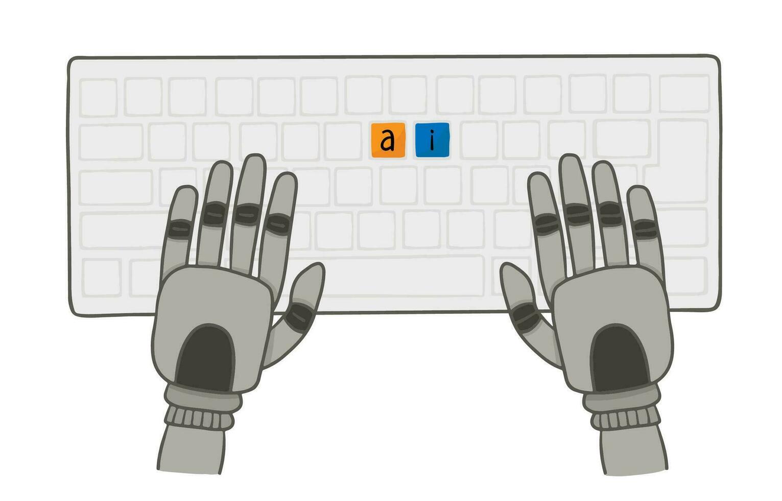 stänga upp hand av robot med tangentbord och ai text topp vinkel se. artificiell intelligens begrepp vektor