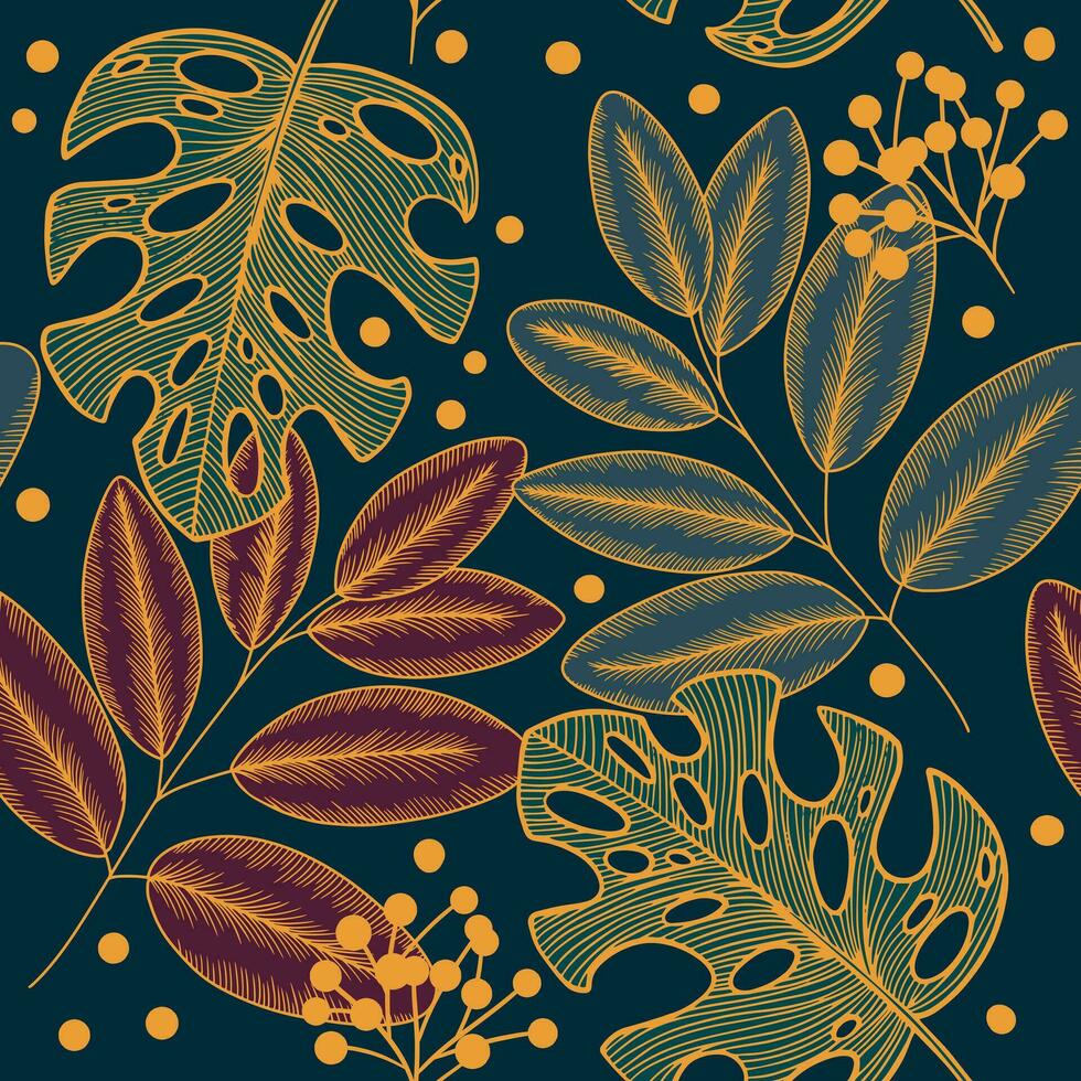 tropisk höst sömlös mönster med löv, ficus, monstera, bär på mörk blå bakgrund vektor