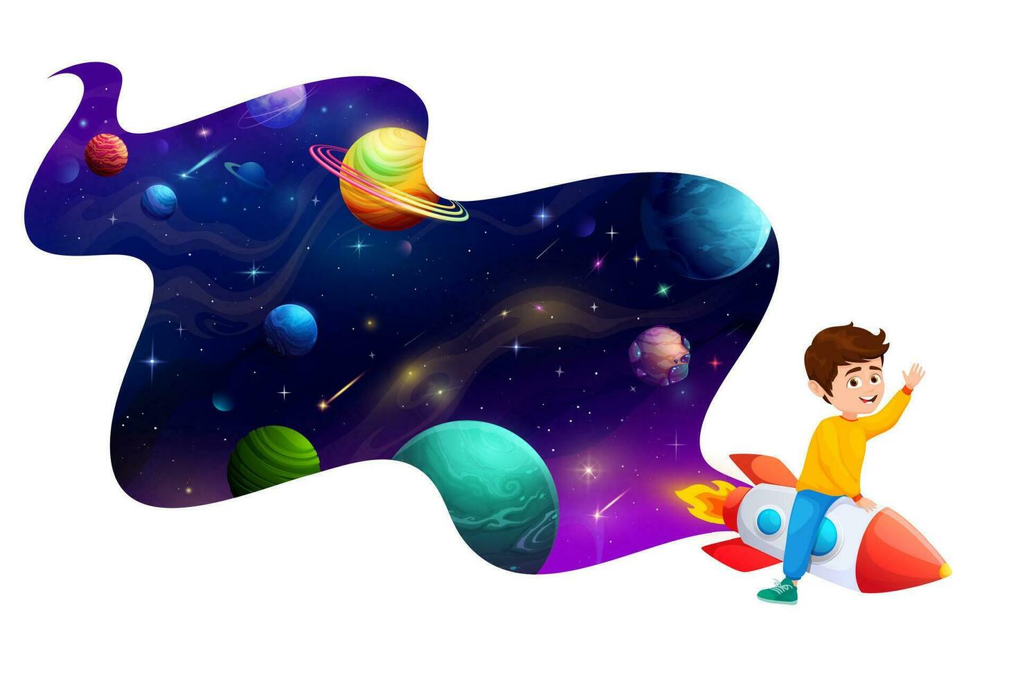 Karikatur Kind fliegend auf Raum Rakete im Galaxis vektor