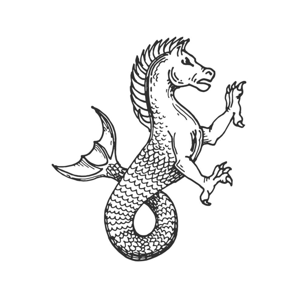 medeltida heraldisk djur- skiss, häst drake vektor