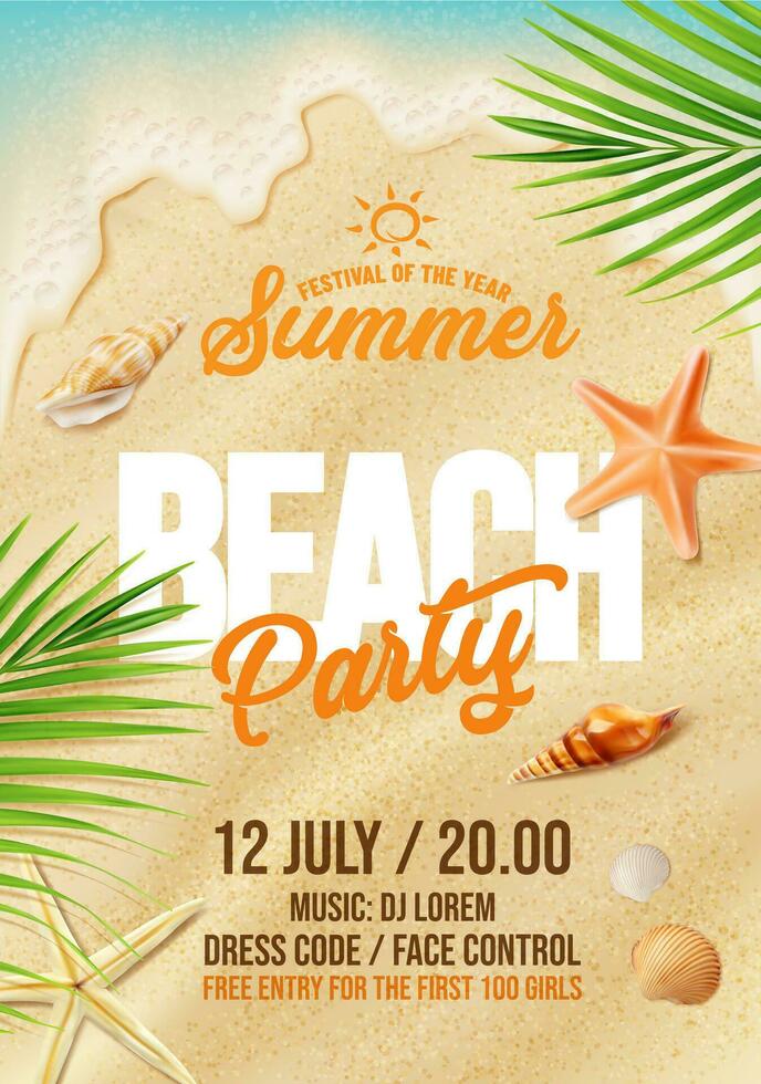 Strand Party Flyer, Sand und Seestern, Palme Blätter vektor