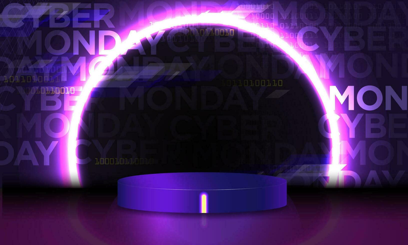 3d gerendert Cyber Montag Studio Hintergrund mit Neon- Podium Produkt Anzeige glühend Ring, Cyber Montag Beschriftung. Vektor Illustration. eps 10.