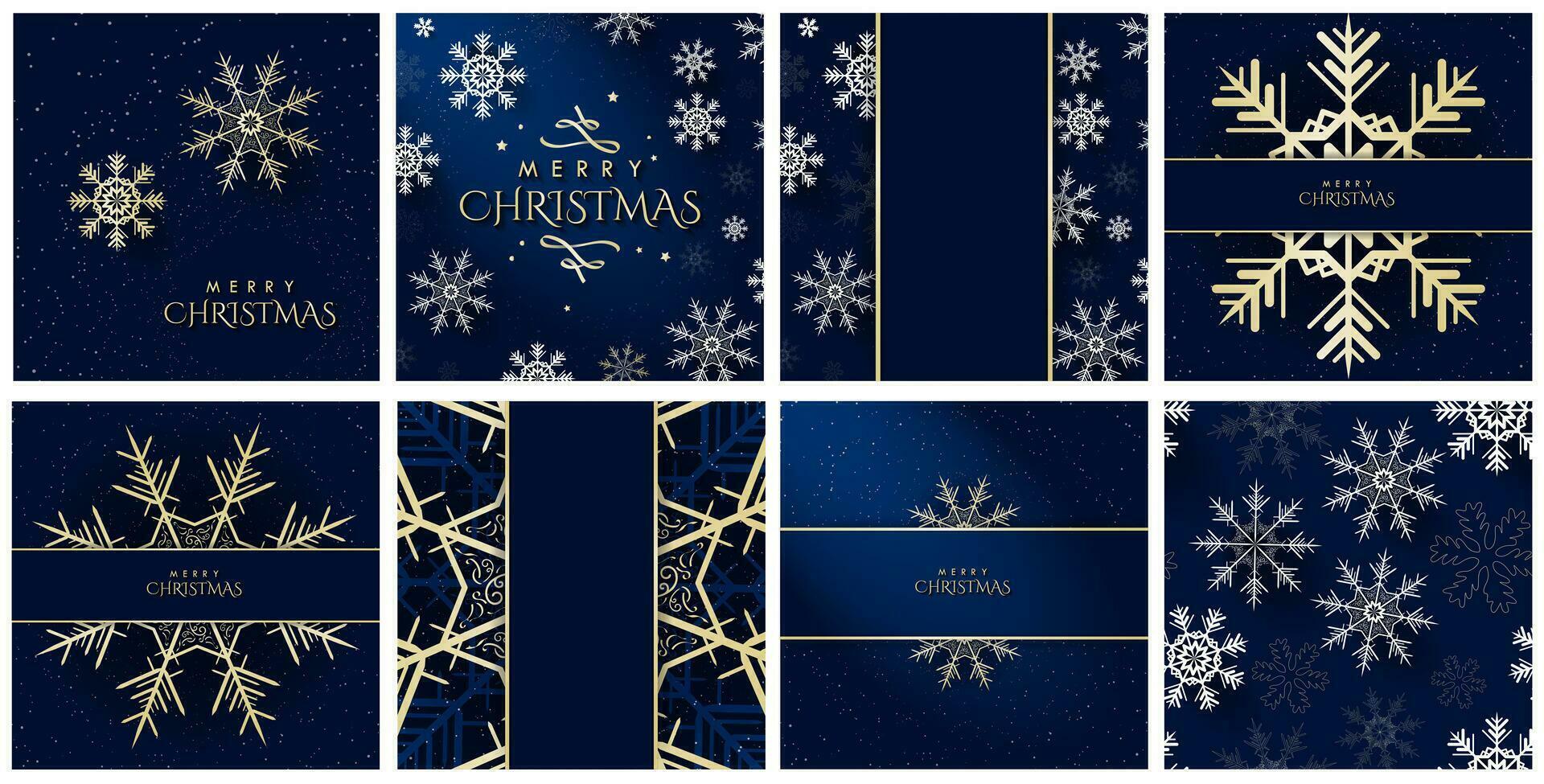 uppsättning av trendig och skön jul kort med 3d vit och ljus snöflingor på mörk blå bakgrund. snöflinga mönster. perfekt för med vintertema och jul mallar. vektor illustration.