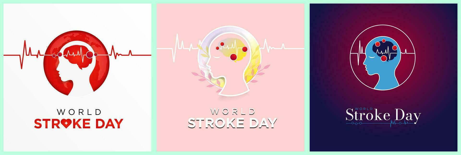 uppsättning av värld stroke dag hälsning kort. berömd på oktober 29. minimalistisk design av mänsklig huvud med hjärta puls linje på färgad bakgrund. vektor illustration.
