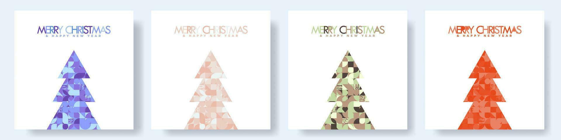uppsättning av modern jul kort mönster med geometrisk jul träd och typografi. enkel geometrisk xmas kort affisch mallar på vit bakgrund. redigerbar vektor illustration. eps 10.