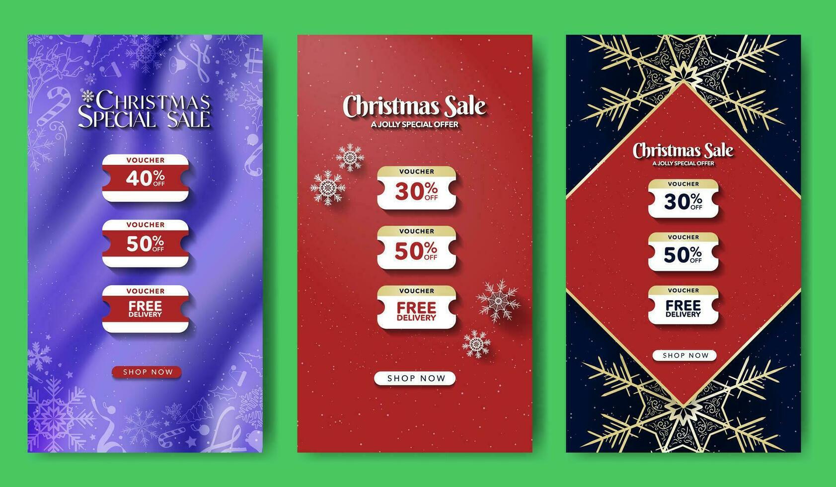uppsättning av jul särskild försäljning voucher mallar för social media berättelser med tre kuponger och cta knapp. vektor illustrationer. eps 10.