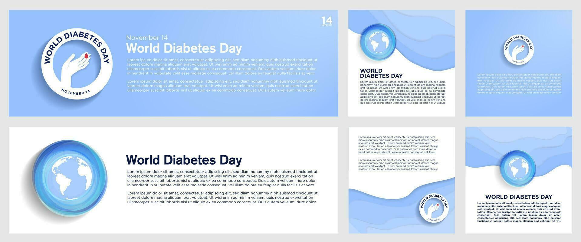 uppsättning av värld diabetes dag mall kort posters och banderoller på blå abstrakt bakgrunder med cirkulär diabetes dag symbol. vektor illustration. eps 10. perfekt för social media, banderoller, affischer.