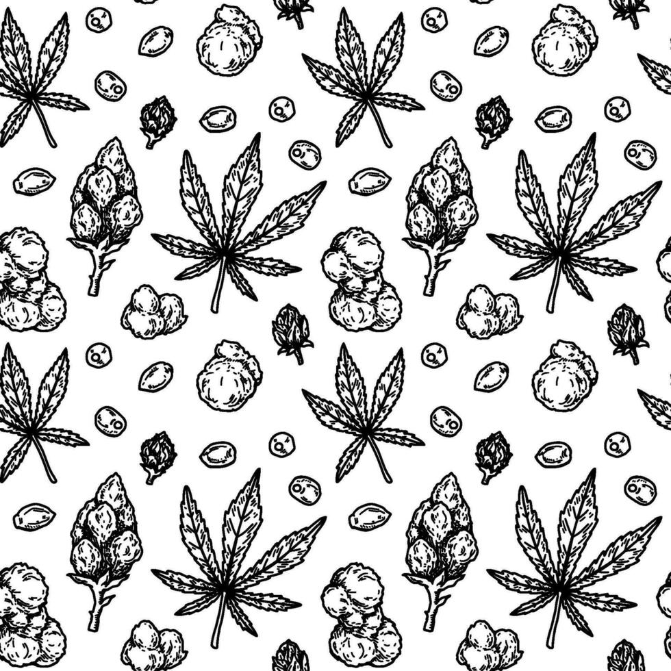 Marihuana Blätter und Knospen nahtlos Muster. Cannabis Hand gezeichnet Jahrgang Hintergrund. Vektor Illustration im skizzieren Stil. Gras Gravur Design