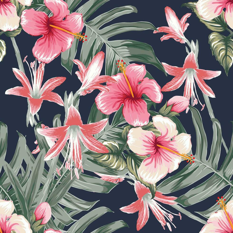 sömlös blommig mönster rosa hibiskus och lilja blommor på isolerat bakgrund.vektor illustration vattenfärg hand ritning.för tyg skriva ut design textur vektor