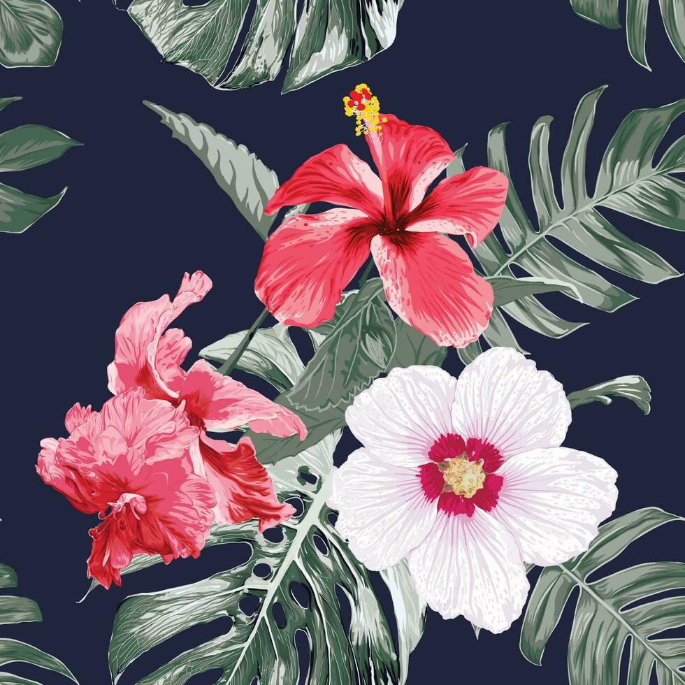 sömlös mönster hibiskusand blommor monstera grön blad bakgrund.vektor illustration torr vattenfärg hand teckning stlye.tyg design textil vektor