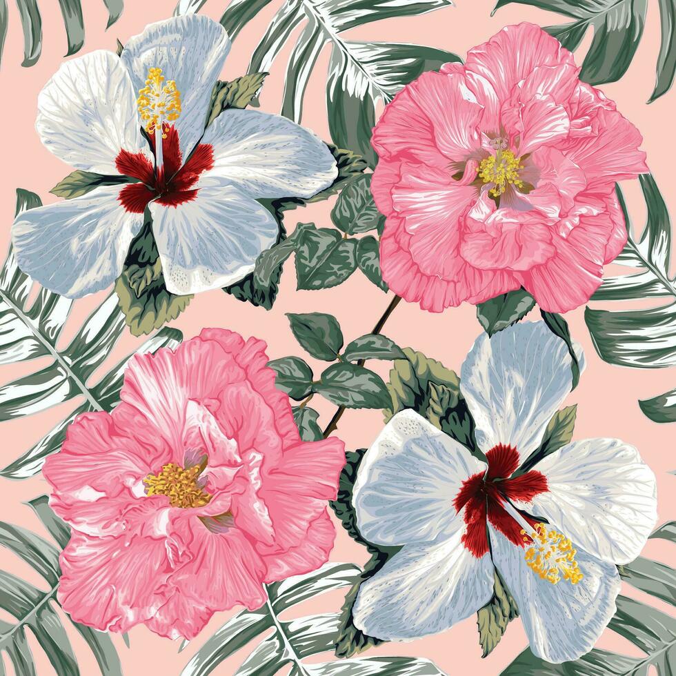 sömlös mönster blommig med hibiskus och bomull reste sig blommor abatrakt bakgrund.vektor illustration hand dras.för tyg mode skriva ut design eller produkt förpackning. vektor